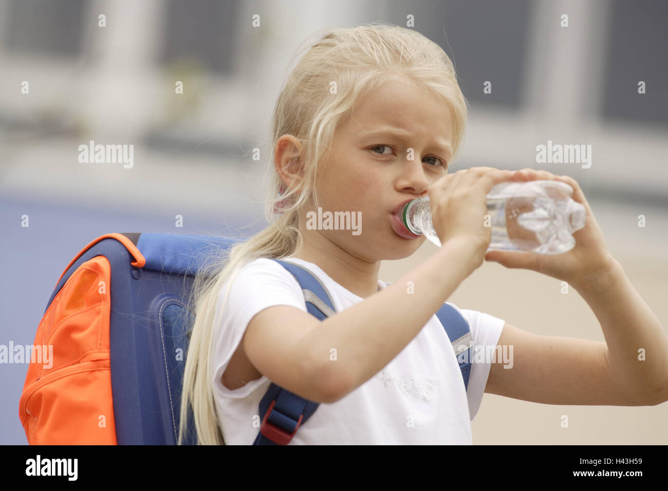 Girls, school bags, drinking, outside, portrait, elementary school, 6