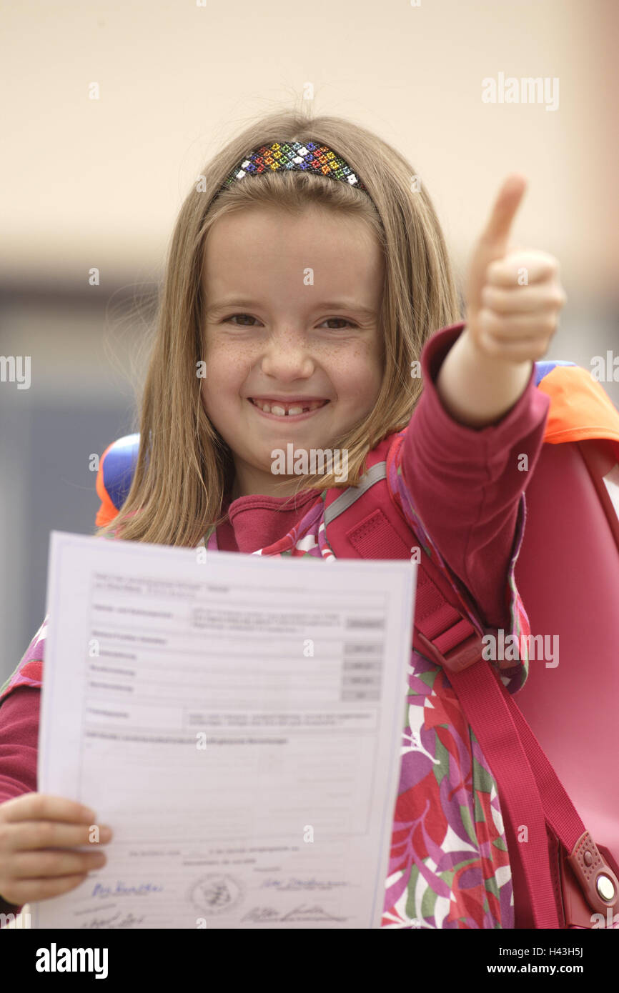 Girls, elementary school, report, positively, gesture, joy, schoolgirl, 6-10 years, child, school bag, outside, education, learning, knowledge, pollex, joy, happy, elementary school, laugh, Pisa study, portrait, playground, school score, well, report, contently, Stock Photo