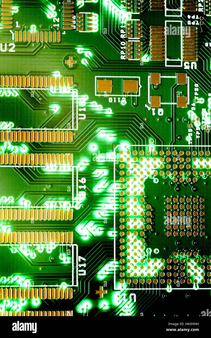 To board, close up, electronics, green, copper circuit, conductor paths