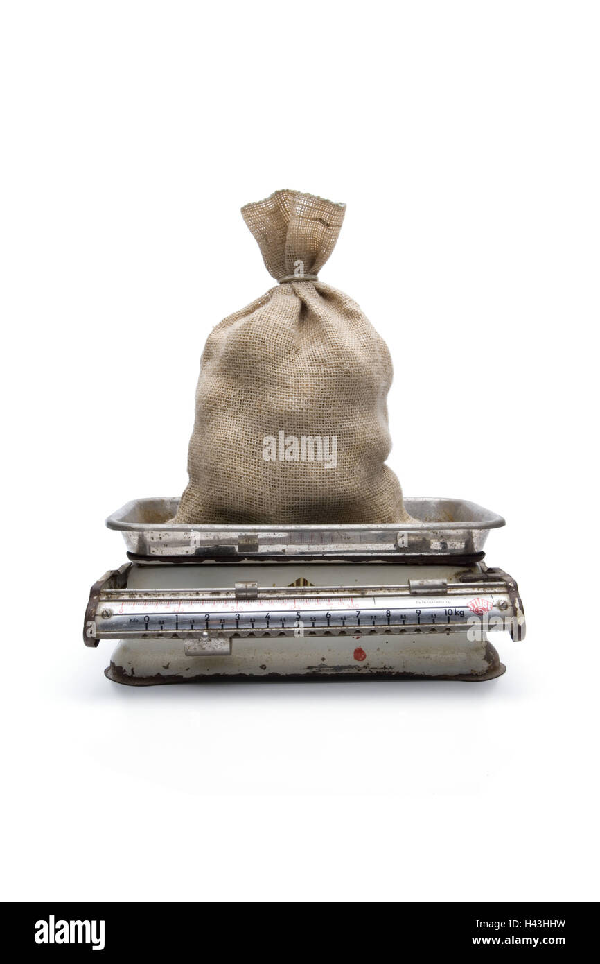 Culinary scales, old, potato pouch, cut out, Stock Photo