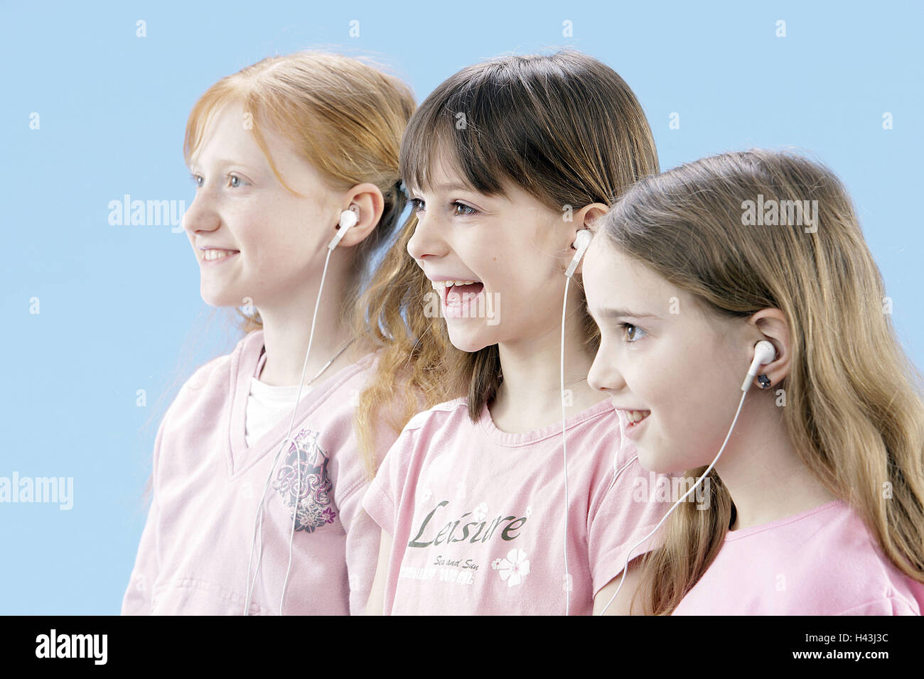 Girls, three, ear listener, music hear, happily, Stock Photo