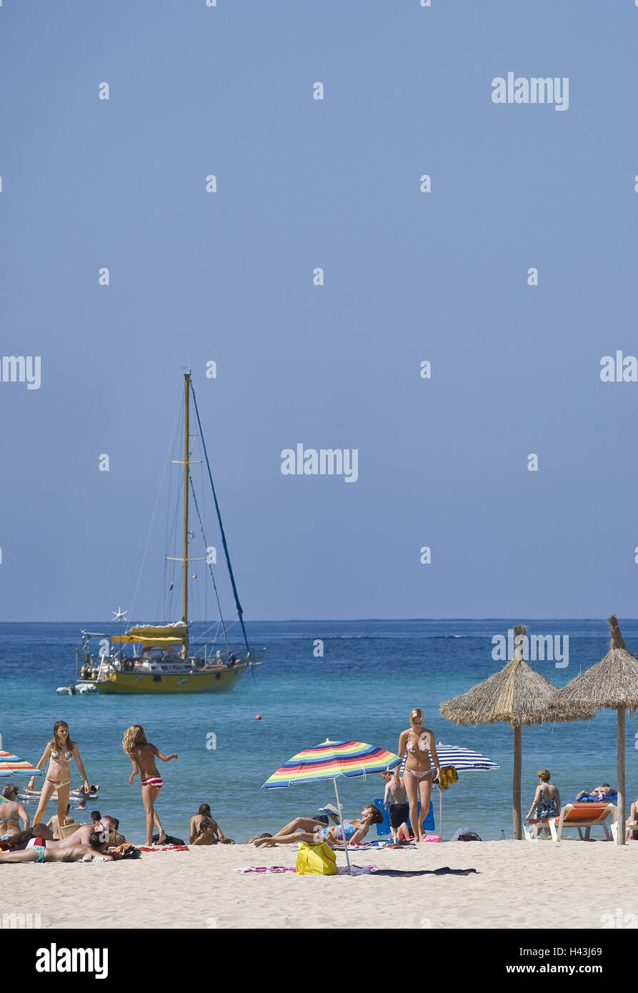Spain, the Balearic Islands, island Majorca, Can Pastilla, beach, tourist, sea, boot, no model release, Stock Photo