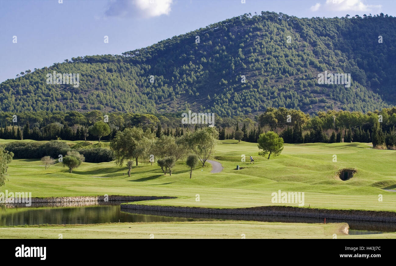 Spain, the Balearic Islands, island Majorca, Pula, golf course, pond, trees, view, Stock Photo