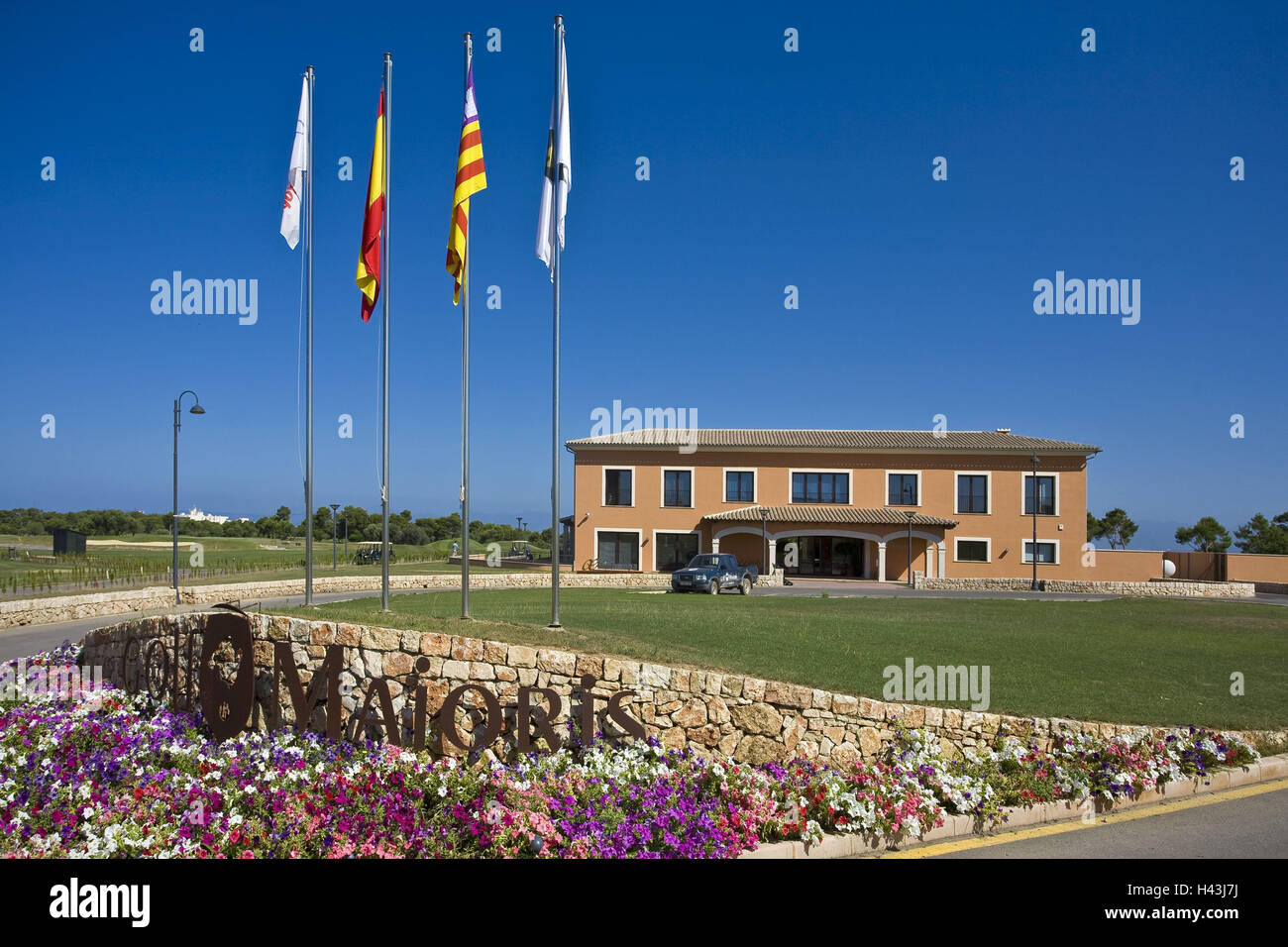 Spain, the Balearic Islands, island Majorca, Maioris, golf course, club house, flags, flowers, Stock Photo