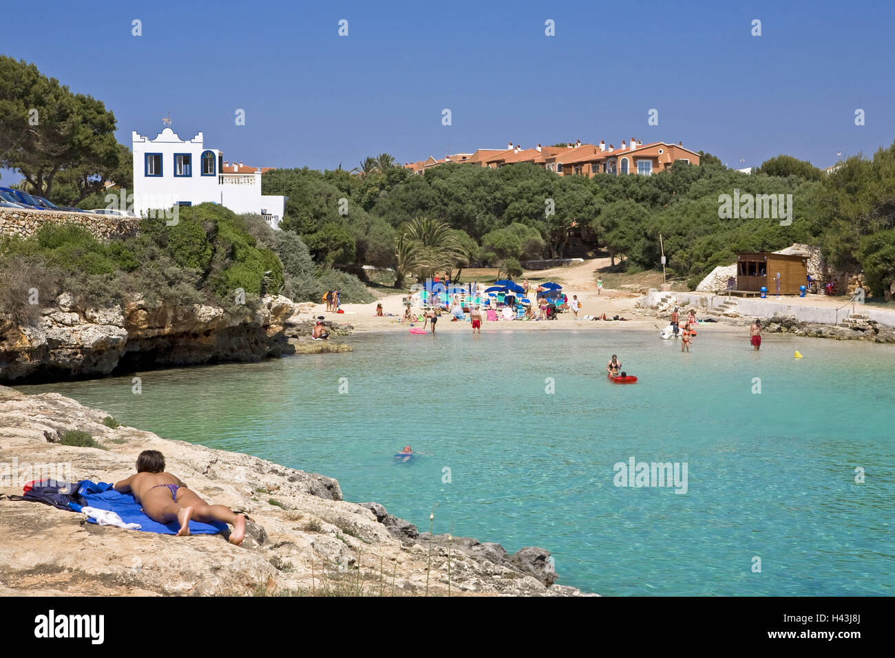 Spain, the Balearic Islands, island Menorca, Cala Blanca, rock, sea, tourist, swim, no model release, Stock Photo