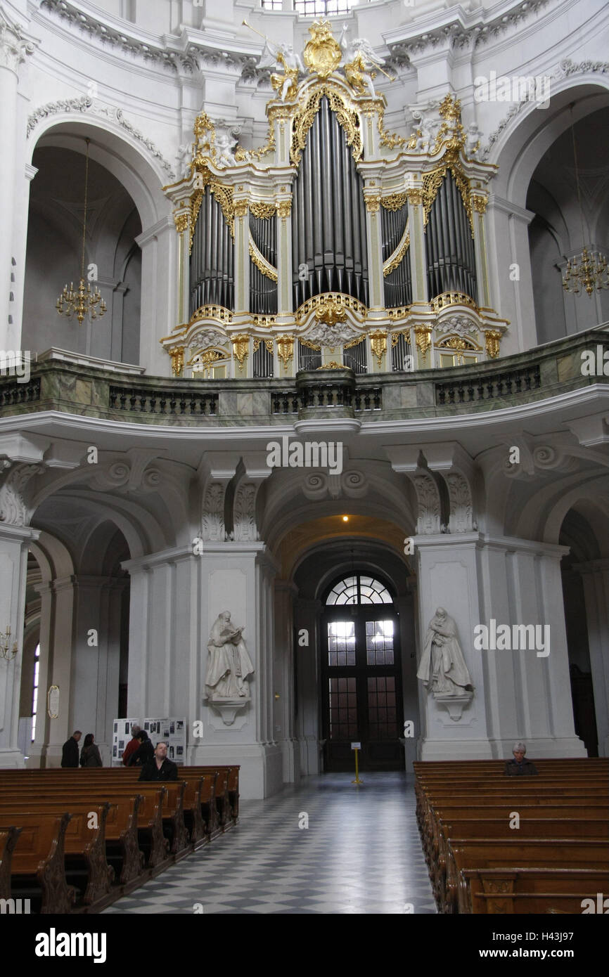 Germany, Saxony, Dresden, court church, long house, organ, cathedral, church, Catholic, saddles, wooden benches, people, tourists, prayer, devotion, faith, religion, architecture, place of interest, destination, tourism, church organ, Stock Photo