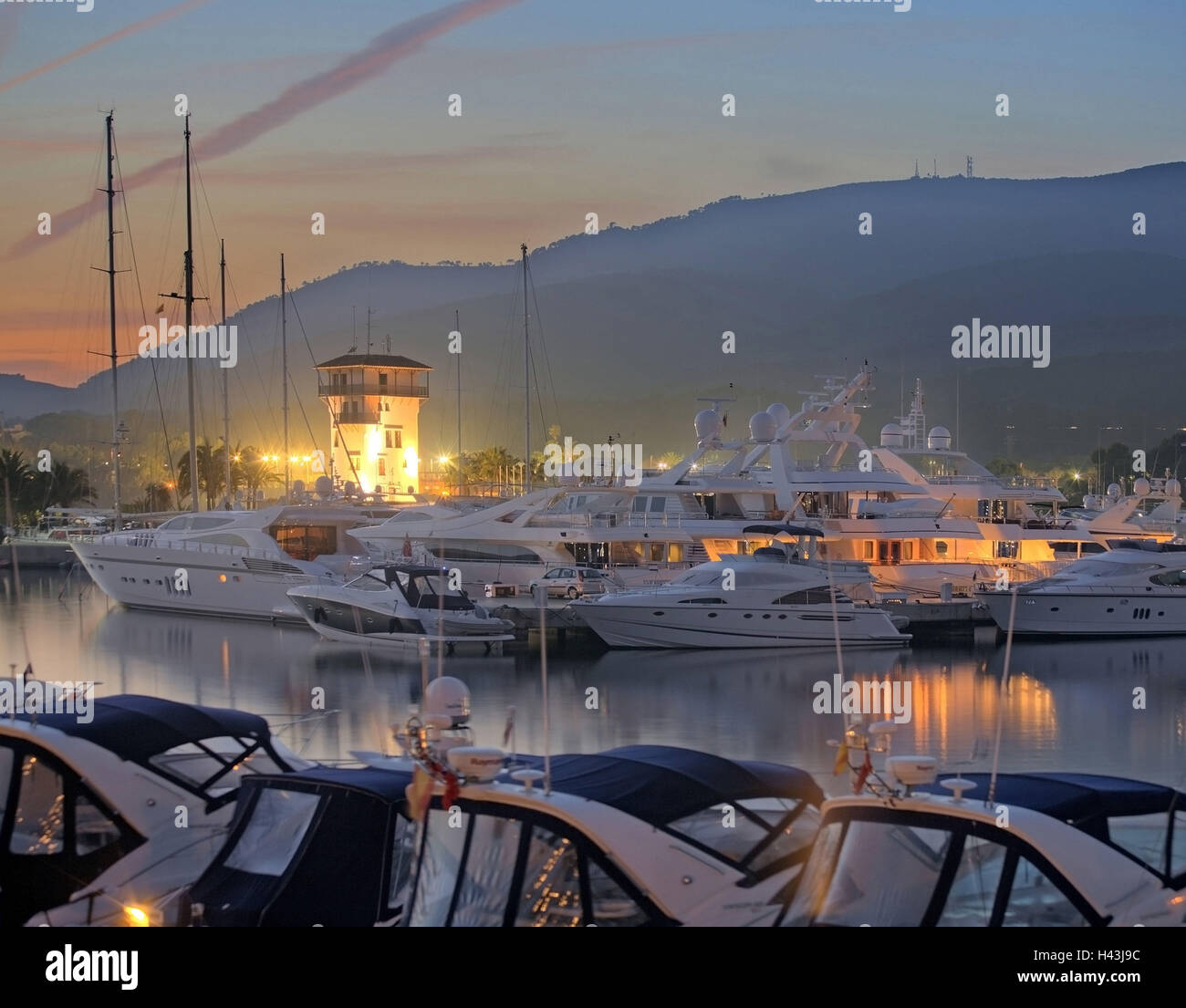 Spain, the Balearic Islands, island Majorca, Puerto portal, yacht harbour, evening, Stock Photo