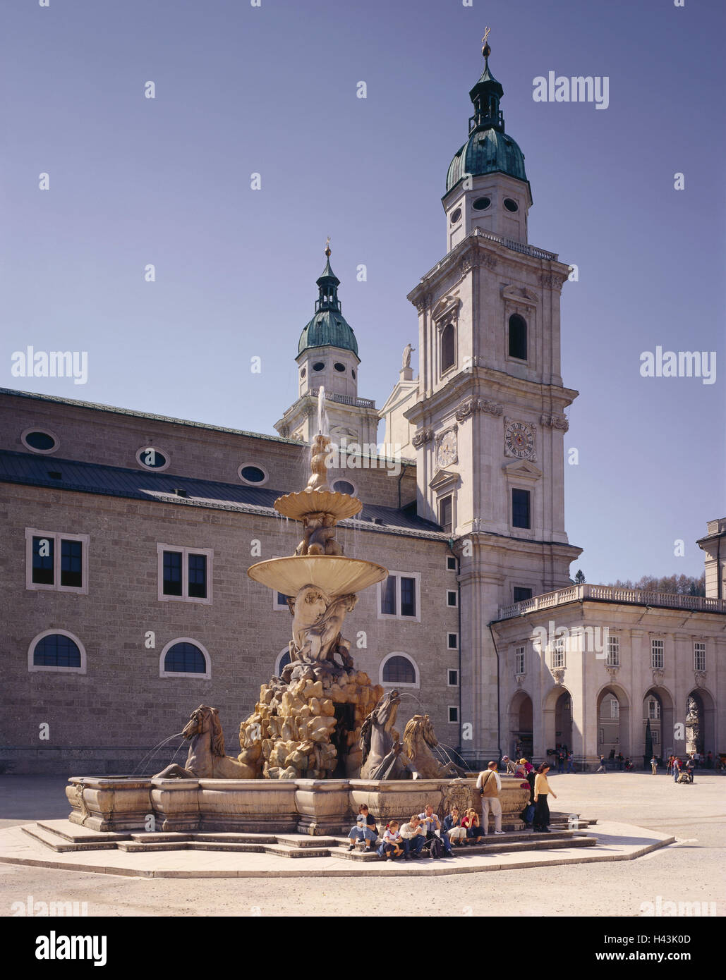 Austria, Salzburg, residence space, cathedral, residence well, tourist, Europe, town, place of interest, culture, space, church, church, towers, steeples, doubles towers, church, well, fountain, play water, baroque, baroque well, monumentally, UNESCO-worl Stock Photo