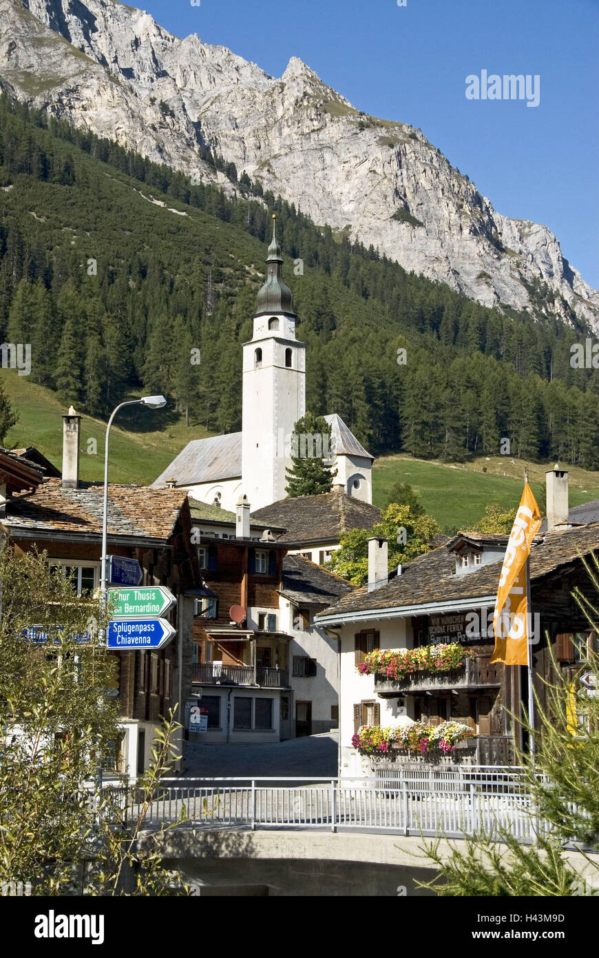 Switzerland, Graubuenden, Splügen, town view, church, mountains, wood, Stock Photo