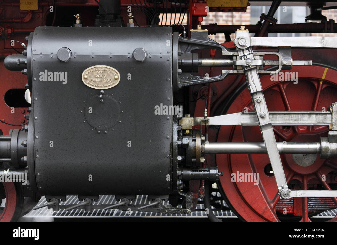 Steam locomotive, year manufacture in 2009, engine, company plaque, Stock Photo