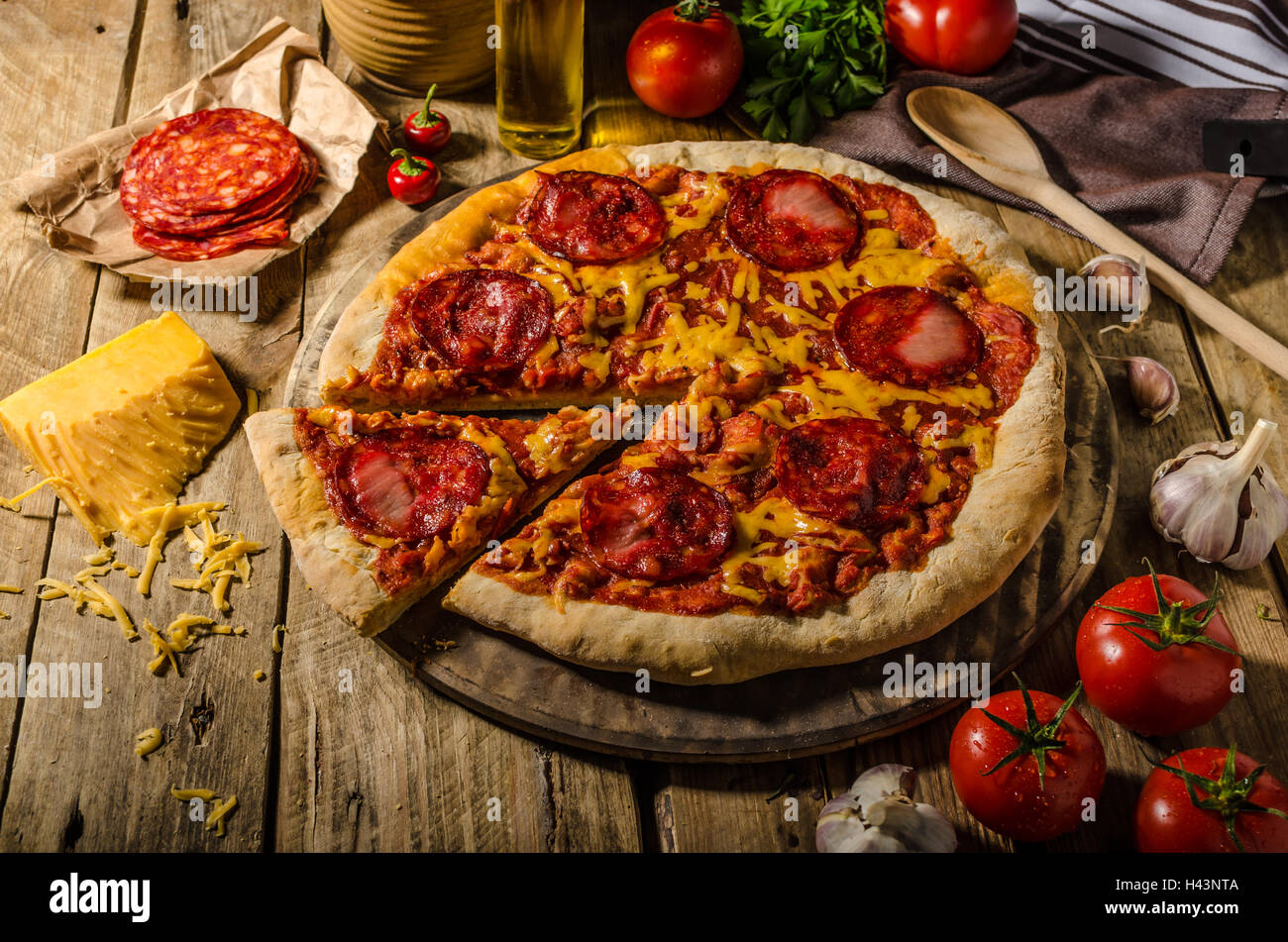 Rustic salami pizza with cheddar cheese and chorizo, delicious chorizo ...