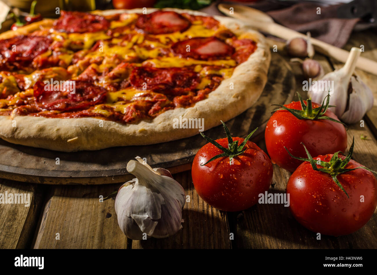Rustic salami pizza with cheddar cheese and chorizo, delicious chorizo ...