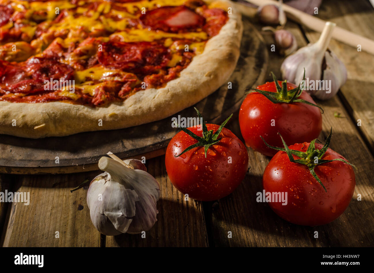Rustic salami pizza with cheddar cheese and chorizo, delicious chorizo ...