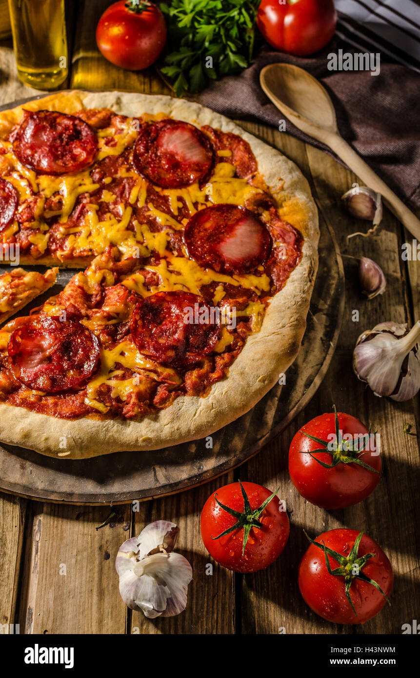 Rustic salami pizza with cheddar cheese and chorizo, delicious chorizo ...