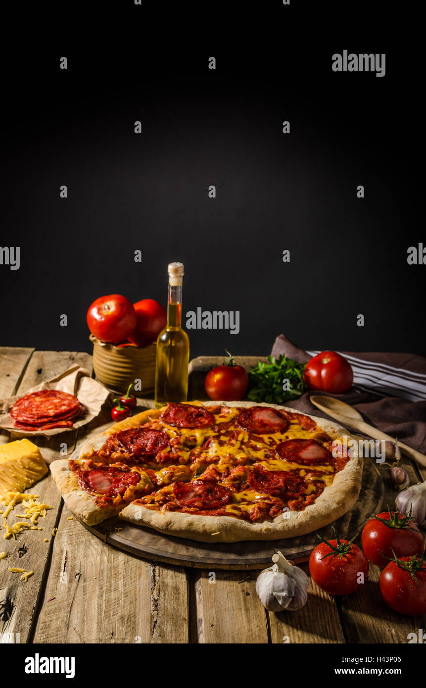 Rustic salami pizza with cheddar cheese and chorizo, delicious chorizo ...