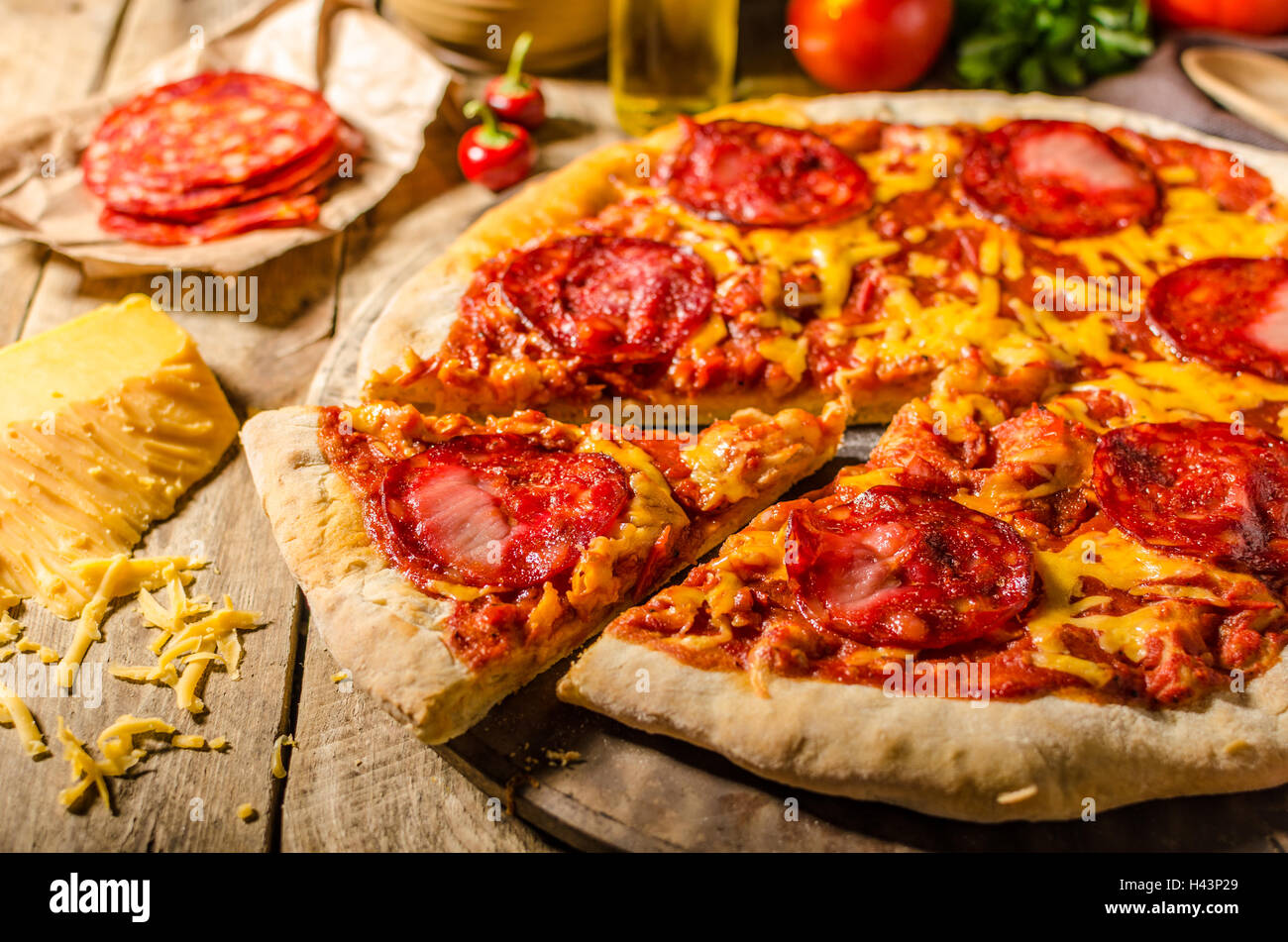 Rustic salami pizza with cheddar cheese and chorizo, delicious chorizo ...