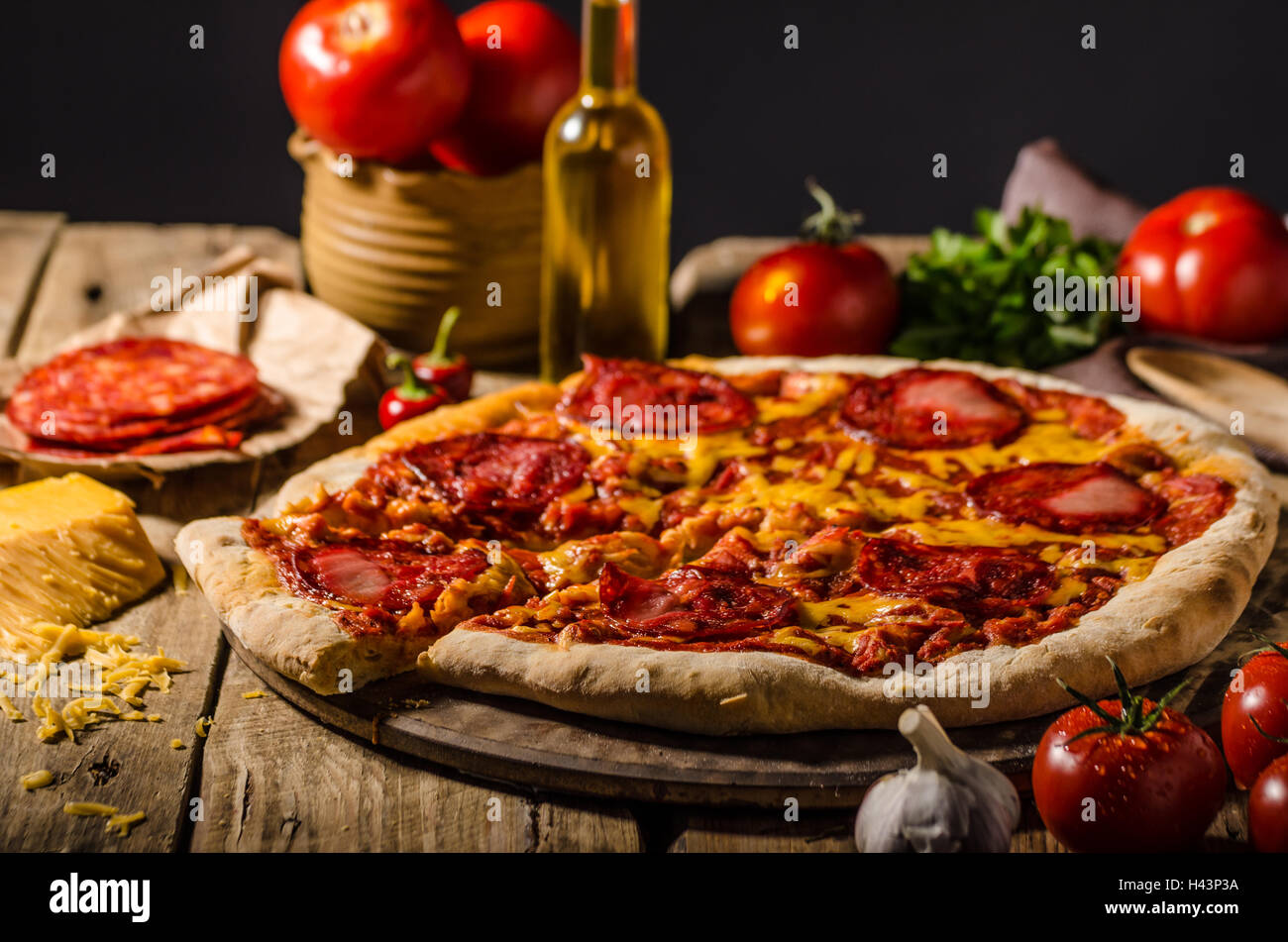 Rustic salami pizza with cheddar cheese and chorizo, delicious chorizo ...