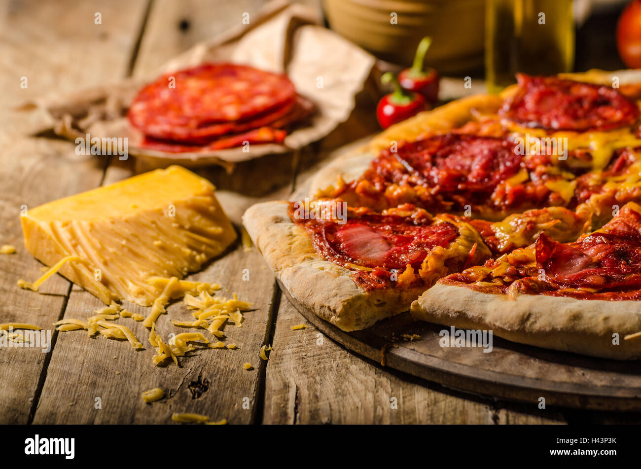 Rustic salami pizza with cheddar cheese and chorizo, delicious chorizo ...