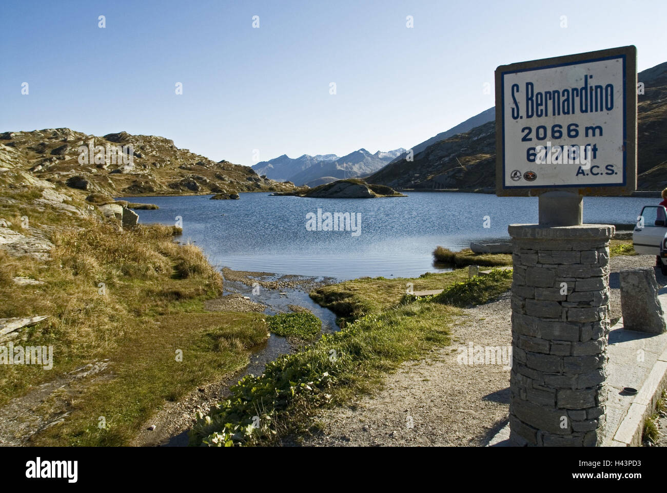 Switzerland, Graubuenden, San Bernardino Pass, lake, meadows, mountains, Stock Photo