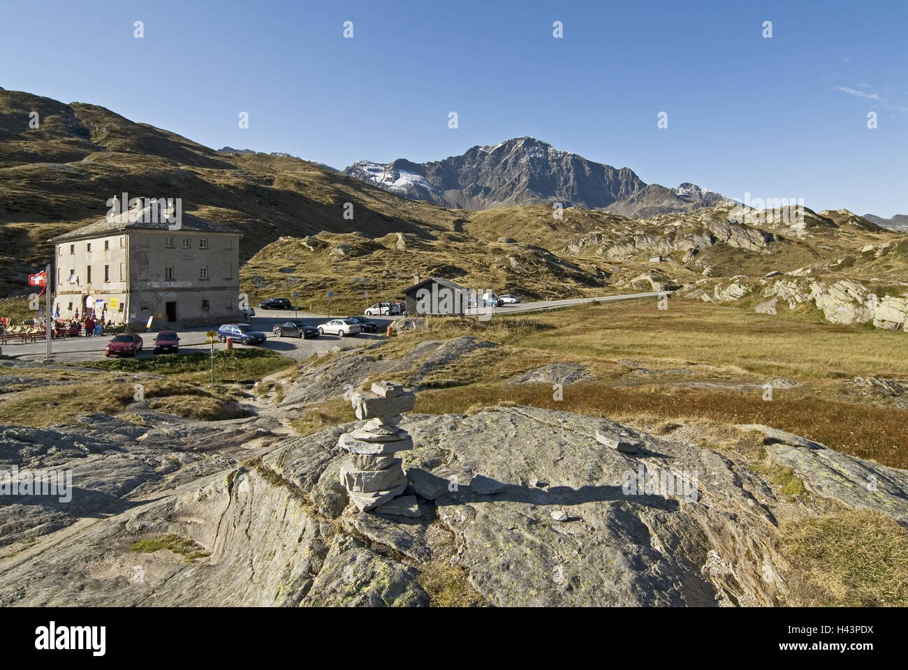 Switzerland, Graubuenden, San Bernardino Pass, roadside hotel, meadows, mountains, Stock Photo