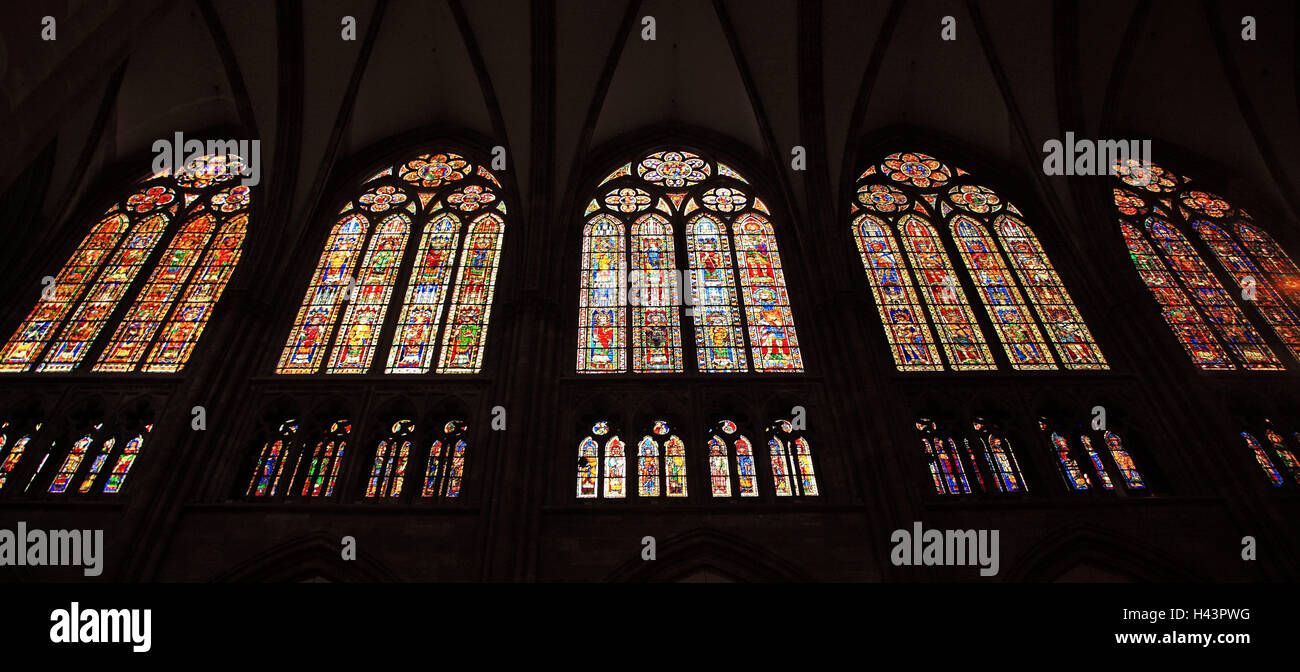 France, Alsace, Strasbourg, cathedral, church window, inside, Stock Photo