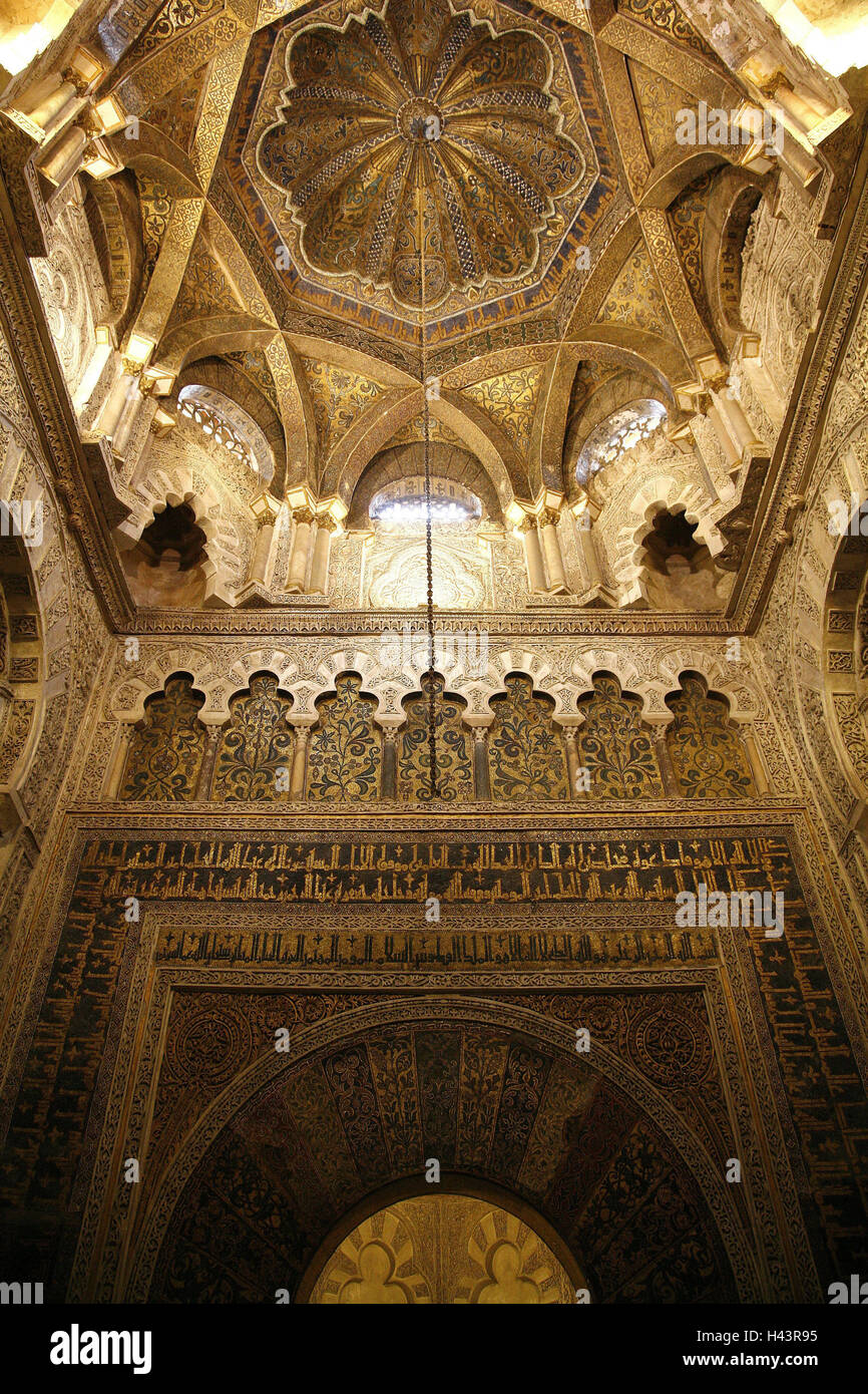 Spain, Andalusia, Cordoba, Mezquita, dome, from below, city centre, church, cathedral, church, Islamic, Mihrab, prayer niche, holy, anteroom, dome, octagonally, Mosaike, Byzantine, architecture, place of interest, faith, religion, inside, Stock Photo