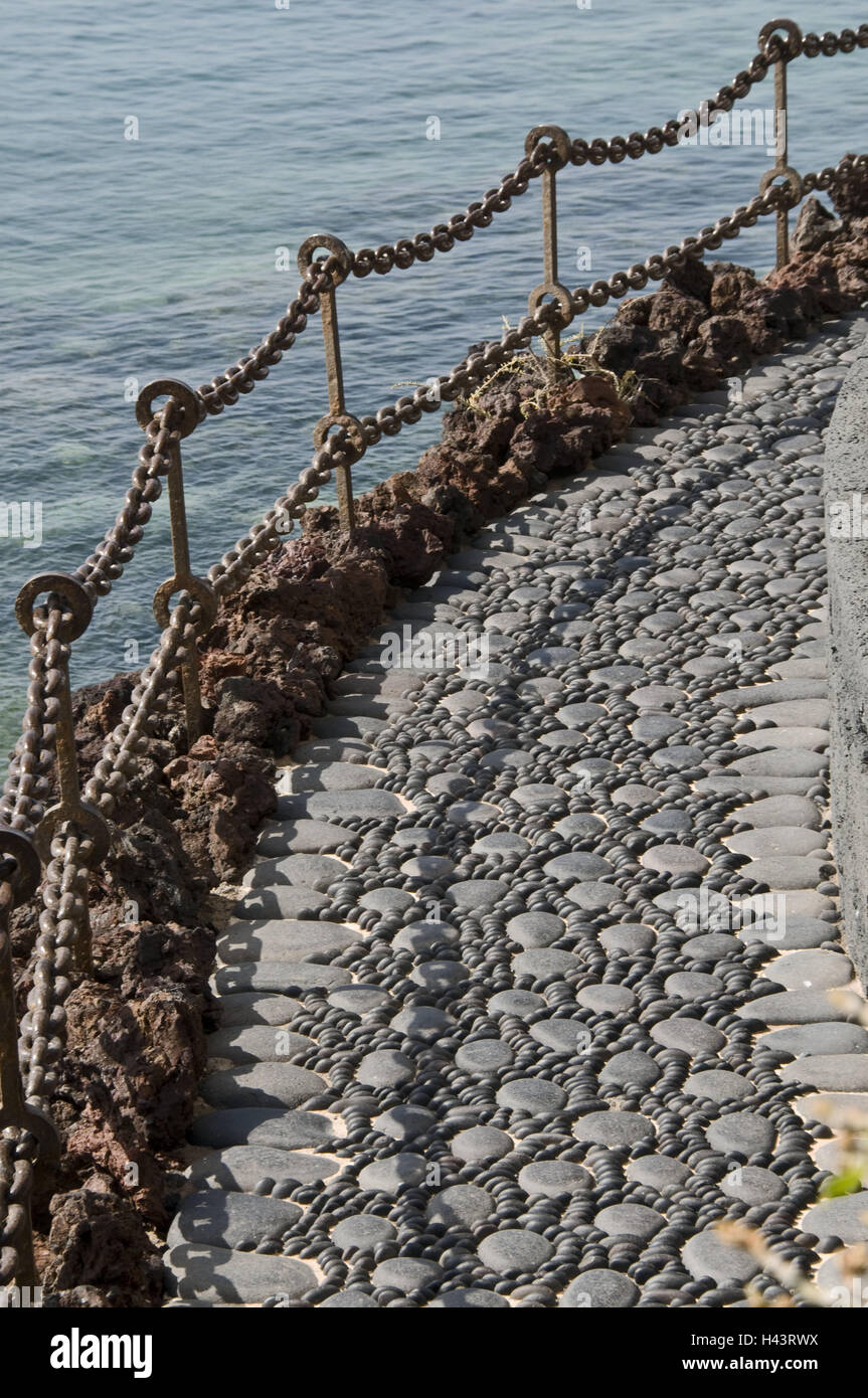 Sea, promenade, detail, way, railing, iron chain, detail, footpath, lava stones, patterned, differently, stones, paving-stones, samples, nobody, unevenly, iron railing, protection, safety device, Stock Photo