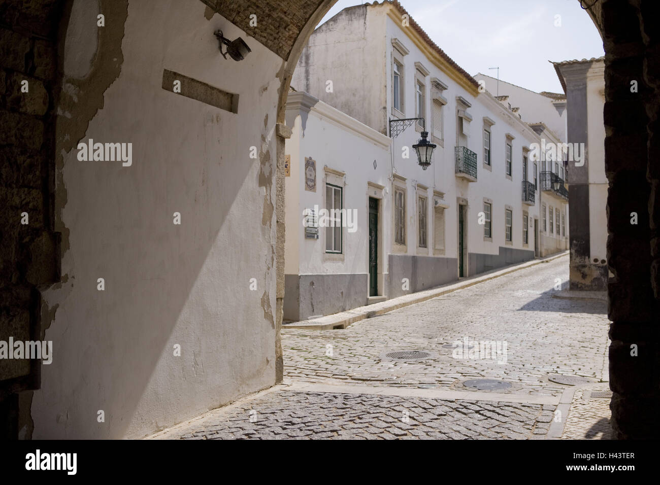 Portugal, Faro, Old Town, doorway, houses, city, gate, archway, cobblestone, cobblestones, houses, historic, lantern, no people, Stock Photo