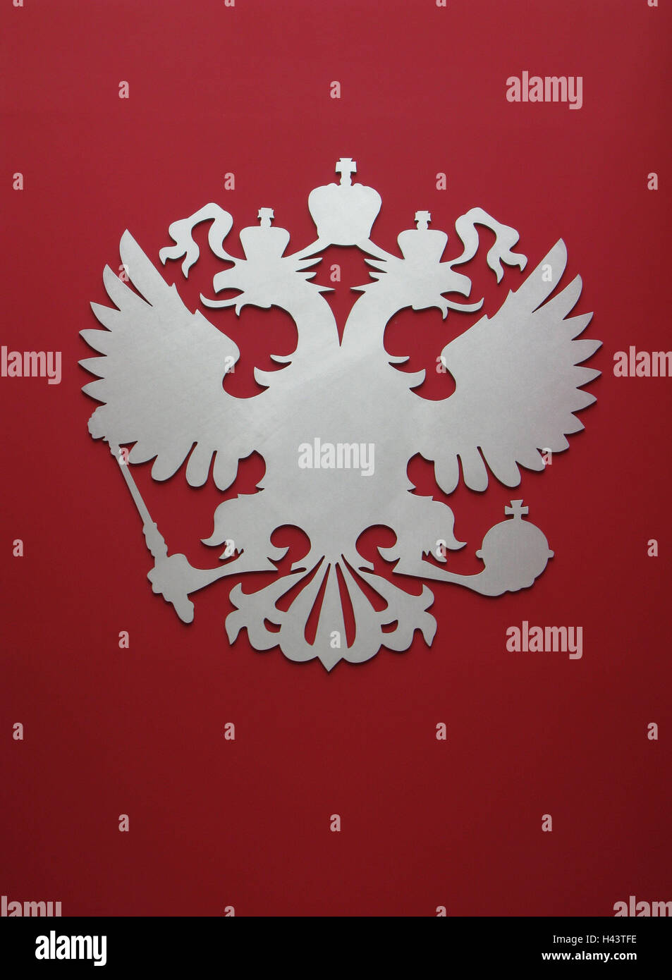 doubles-headed imperial eagle, Augsburg, exhibit, czar's silver, silver, icon, coat arms, eagle, crown, red, copy space, conception, plant, imperial town, Habsburg, Still life, Stock Photo