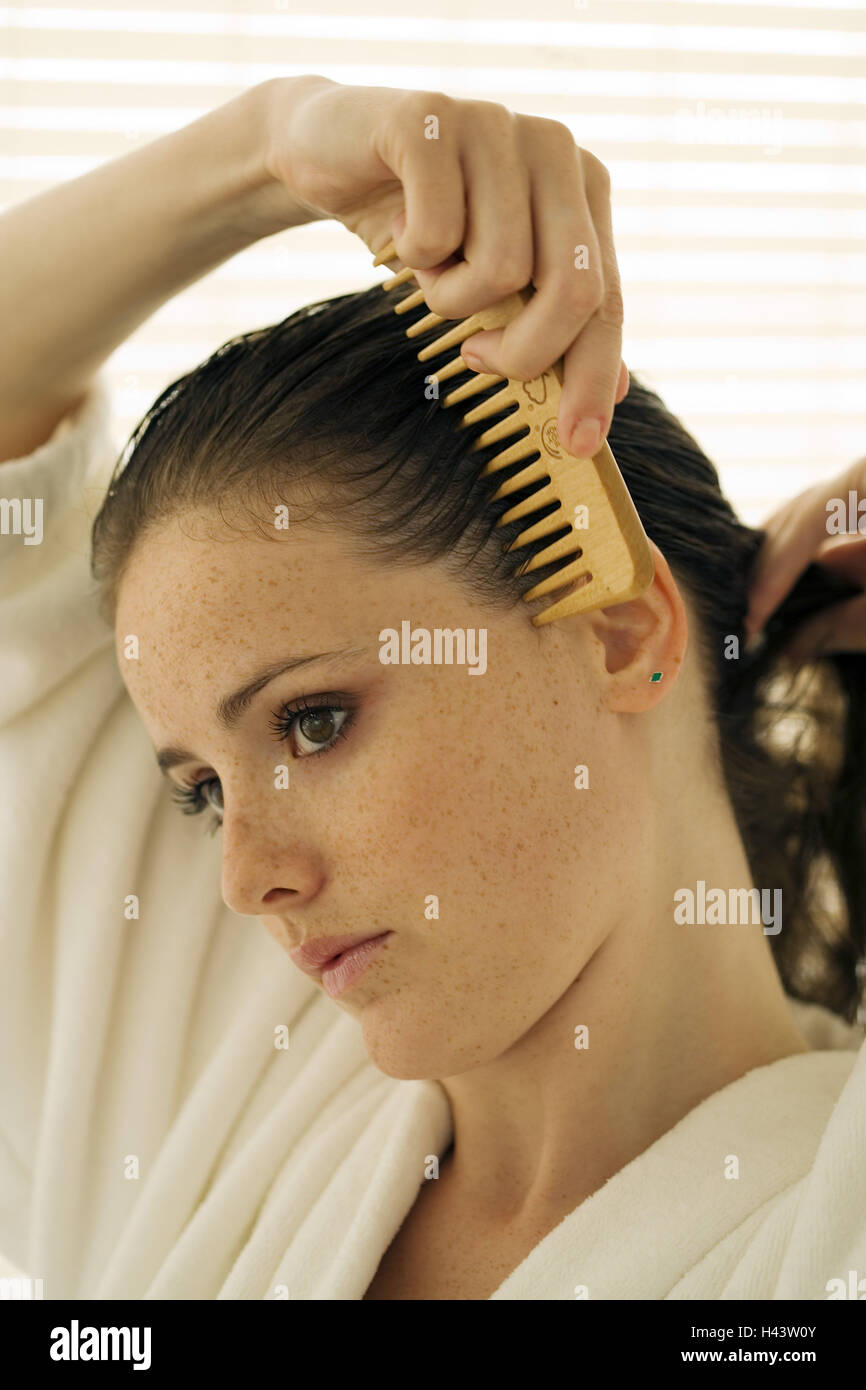 Woman, young, portrait, bathrobe, hairs, comb, Stock Photo