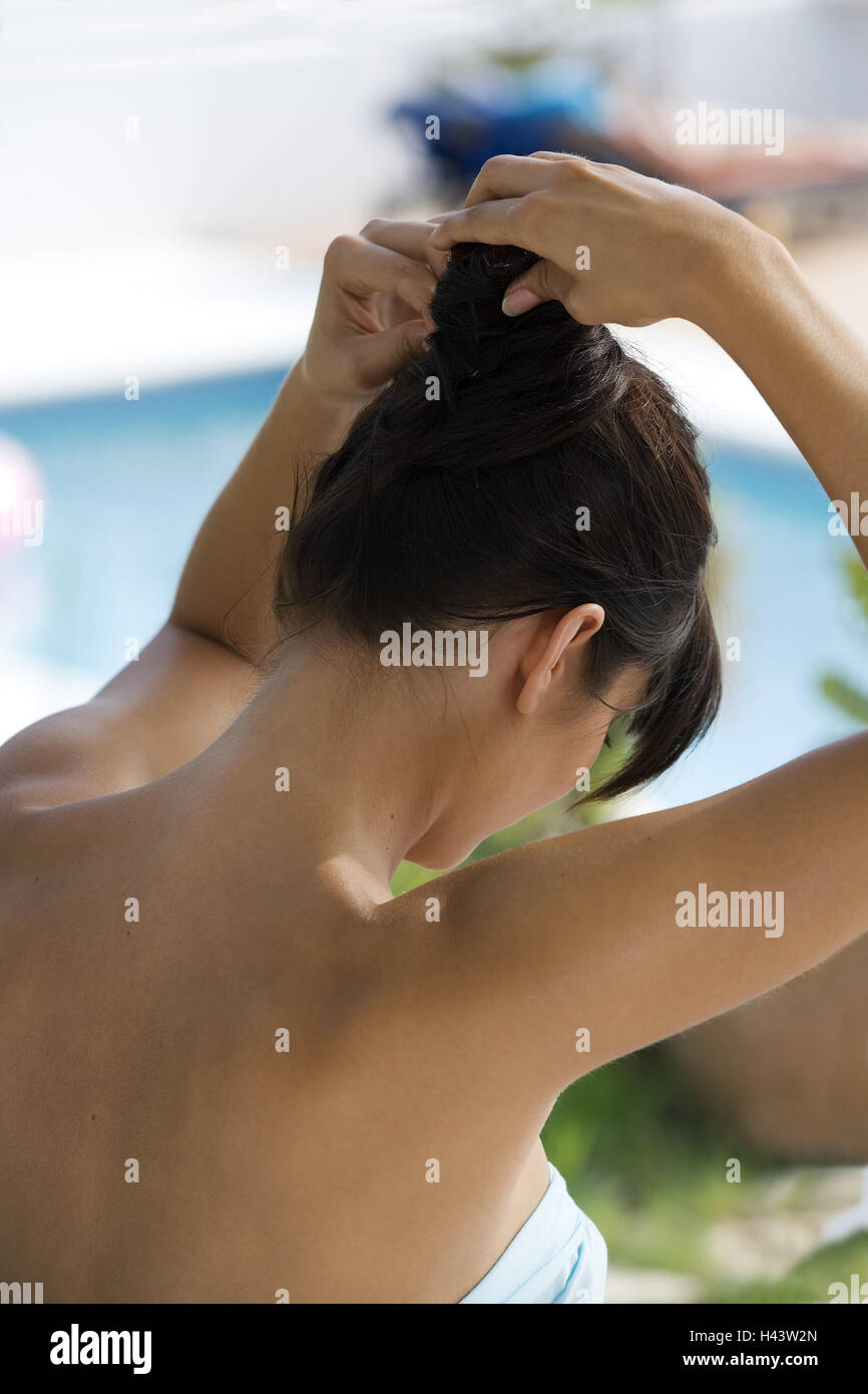 Woman, young, hairs pin up, back view, Stock Photo