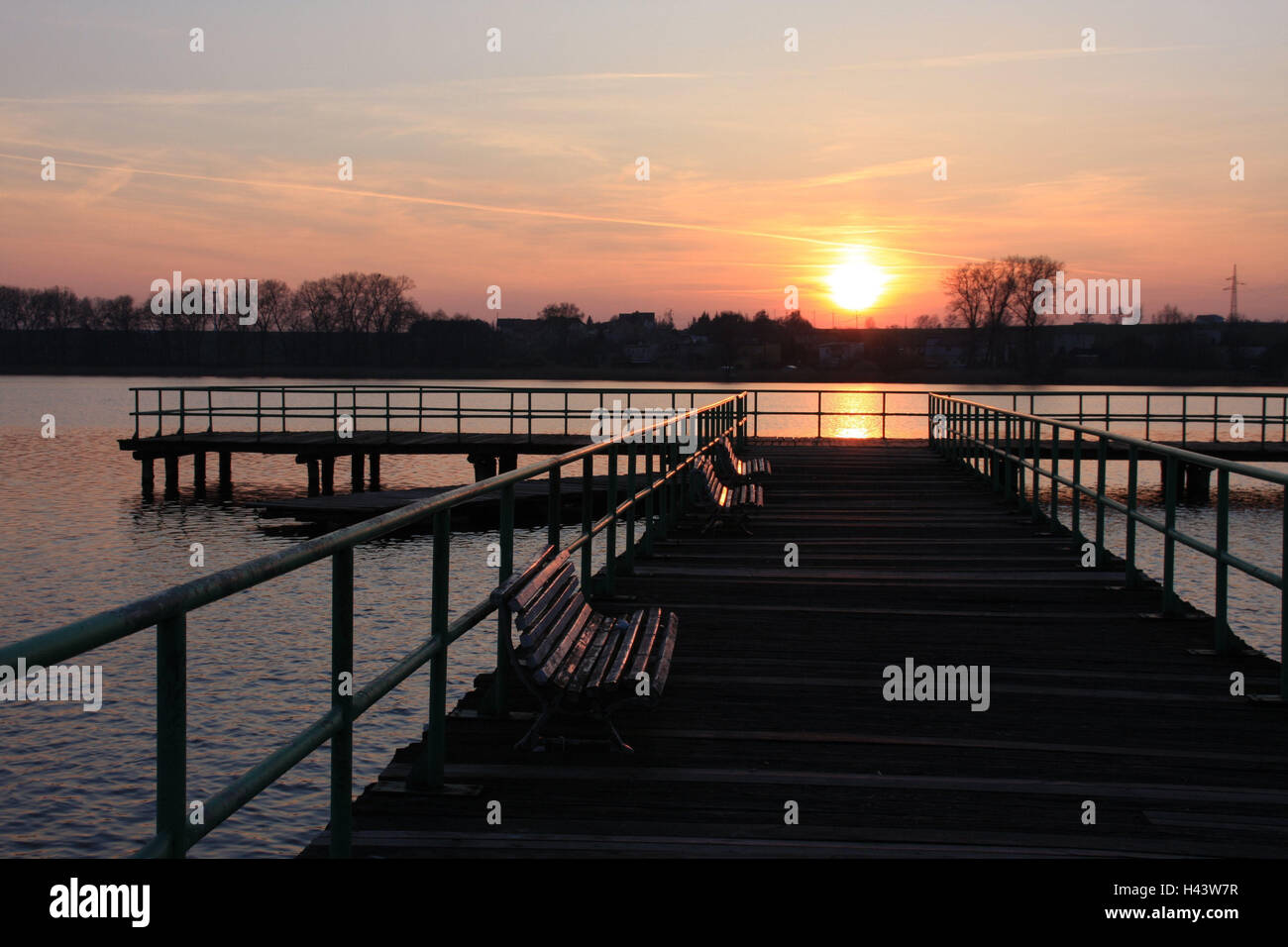 Poland, province poses, Zniner lake, bridge, sundown, nature, evening, deserted, platform, saddles, the sun, afterglow, back light, Stock Photo