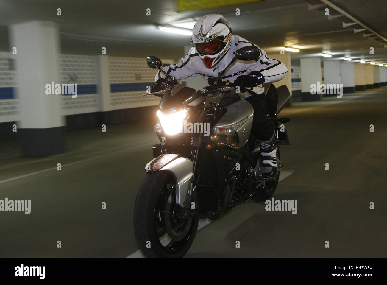 Underground parking, Suzuki B King, drive, B King, motorcycle, Suzuki, dynamically, motion, gloomily, atmosphere, dynamics, silver, quickness, grimly, gloomily, people, drivers, motorcyclists, inside, risk, flight, icon, pursuit hunt, Stock Photo