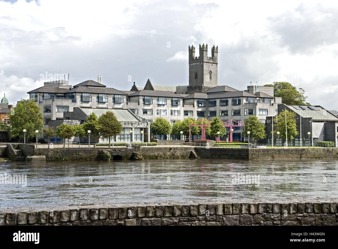 Ireland, Munster, limerick, St. Mary Ì see, Cathedral, River Shannon, destination, town, town view, building, architecture, river, church, cathedral, steeple, tower, riverside, trees, Stock Photo