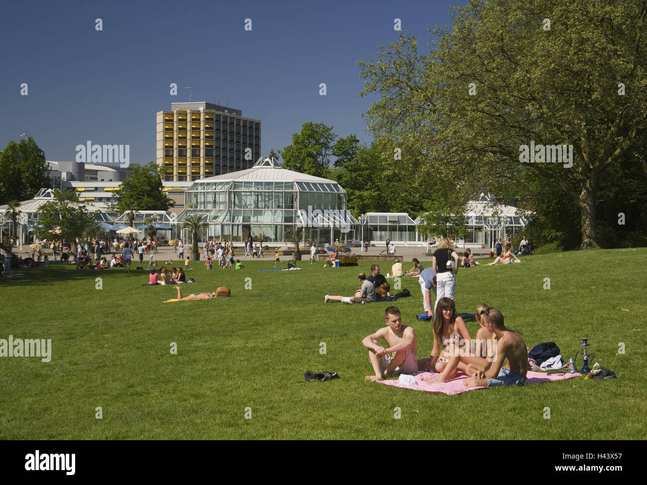 Germany, North Rhine-Westphalia, food, Grugapark, sunbathing area, person, park, building, pavilion, architecture, meadow, spring, summer, recreation, leisure time, rest, outside, Stock Photo