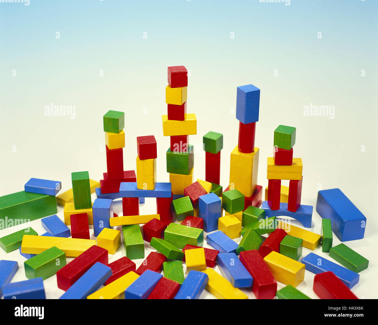 Timber-frame construction blocks, brightly, building blocks, blocks, chunks wood, building blocks, toys, wooden toys, towers, batches, play, stack, build, learn, play, colours, passed away, cut outs, studio, Stock Photo