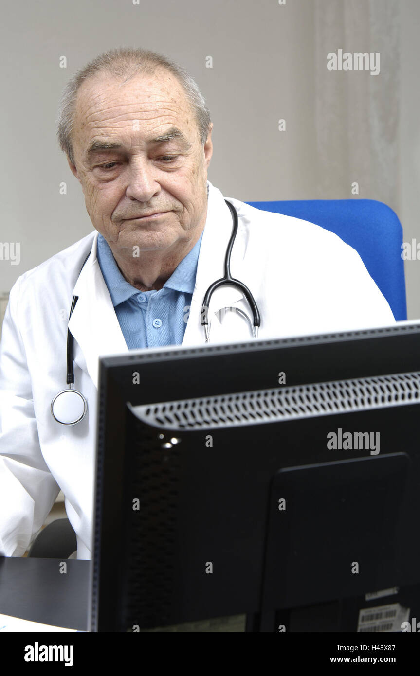 Doctor, view, computer, display, half portrait, person, man, occupation ...