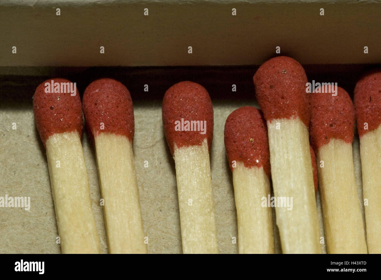 Matches, unused, detail, matches, match heads, match heads, hot bulbs, red, phosphor, potassium chlorate, sulphur, unused, product photography, Stock Photo
