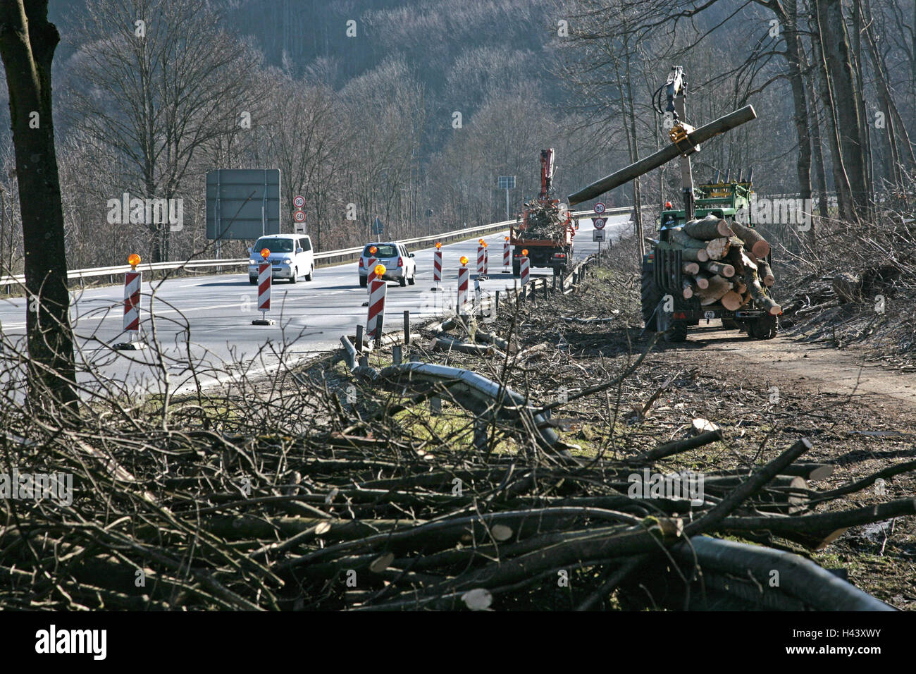Germany, Bavaria, Landshut, barrack mountain, attack damages, clearing works, Upper Bavaria, federal highway, blocking, pavement choking passage, traffic, roadside, wood, tractor, tractor, trailer, truck, trunks, twigs, branches, charge, charge, evacuation, clear up, edge the forest, cyclone, wind rupture, destruction, climate change, greenhouse effect, weather caprioles, disaster, natural disaster, Stock Photo