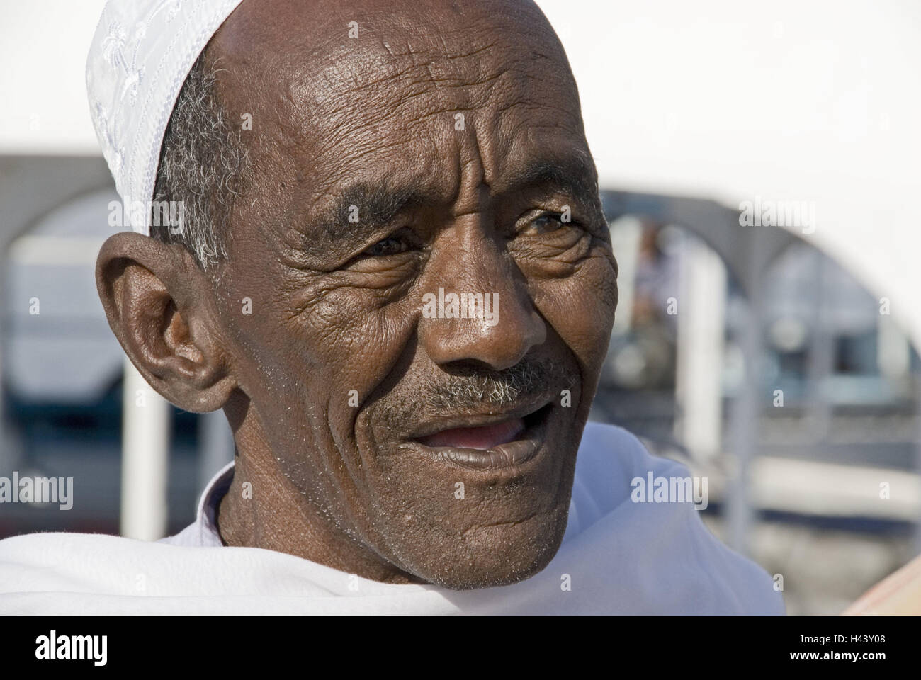 Egypt, senior, portrait, Upper Egypt, person, man, Egyptian, headgear, smile, happy, old person, folds, satisfaction, Stock Photo