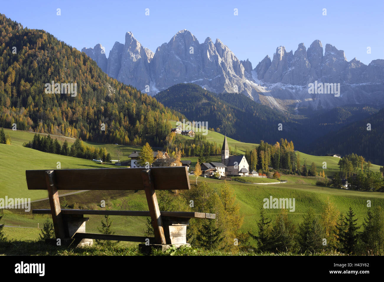 Mountain panorama, saddle, meadow, view, Saint Magdalena, Geislerspitzen, Villnösstal, South Tirol, Italy, Stock Photo