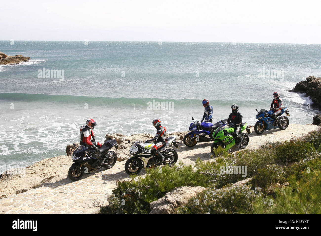 Coast, great sport motorcycles, drivers, break, beach, sea, Stock Photo