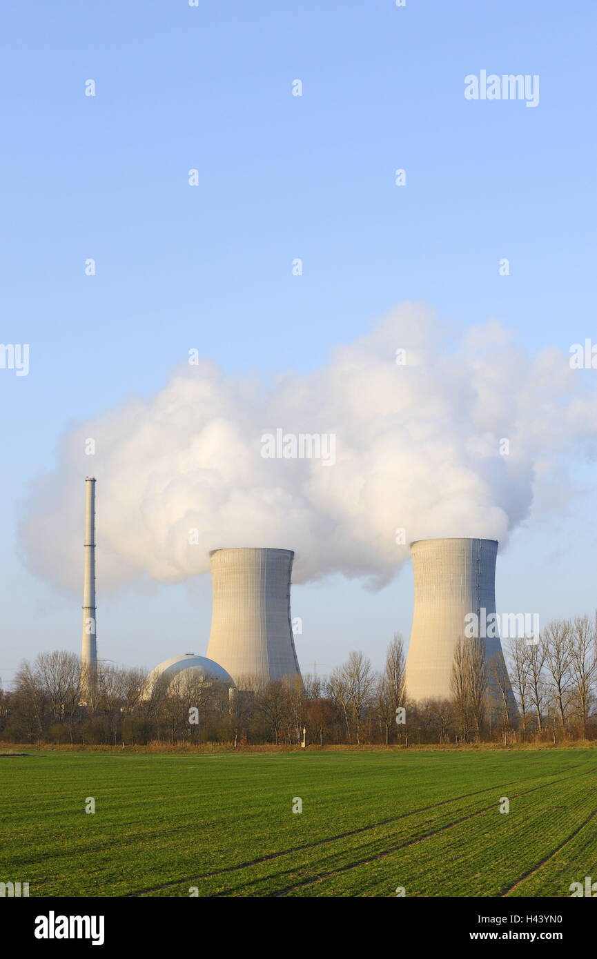 Cooling towers, nuclear power plant Grafenrheinfeld (town), Lower Franconia, Bavaria, Germany, Stock Photo