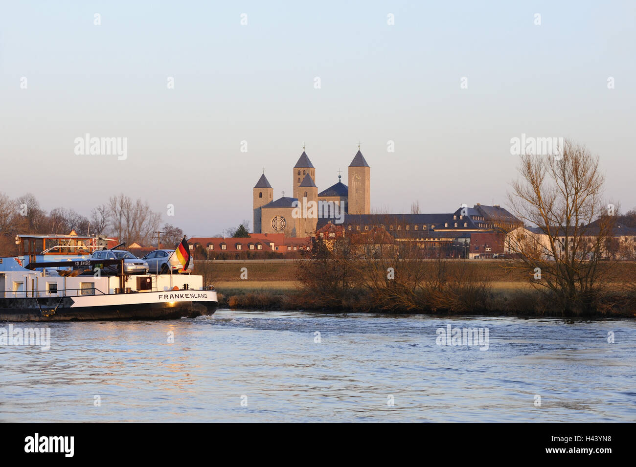 Ship, the Main, abbey Münsterschwarzach, Lower Franconia, Bavaria, Germany, dusk, Stock Photo