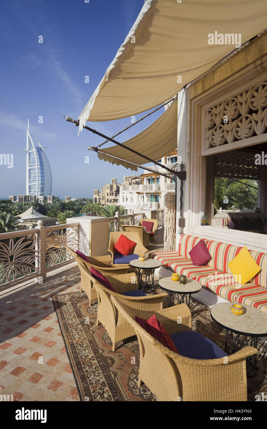 United Arab Emirates, Dubai, Al Qasr, Burj Al Arab, Madinat Jumeirah hotel, balcony, seat group, Stock Photo