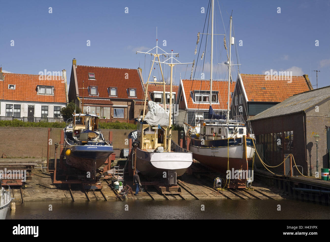The Netherlands, Friesland, Urk, shipyard, boots, Stock Photo