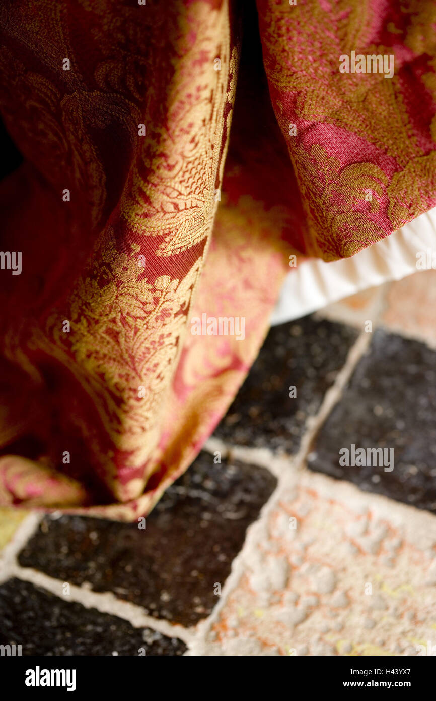 Brocade material, tiled floor, close-up, Stock Photo