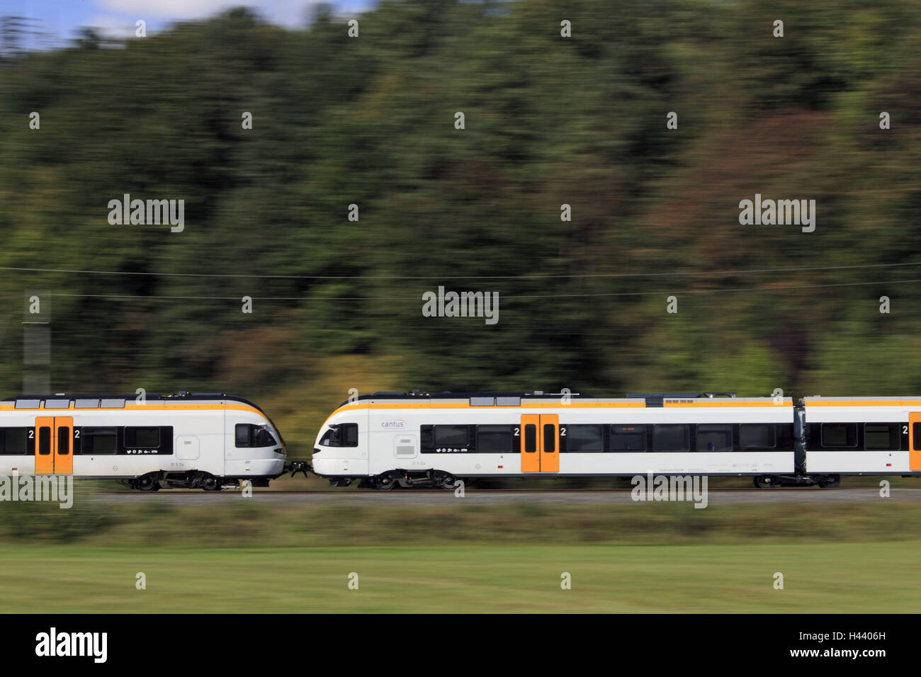 Regional trajectory, train, blur, helped to pull, trajectory, rail transport, train journey, train journey, train journey, transport, promotion, transportation human beings, railway, traffic, railroad traffic, travelling, outside, wood, quickness, speed, plainsong, Stock Photo