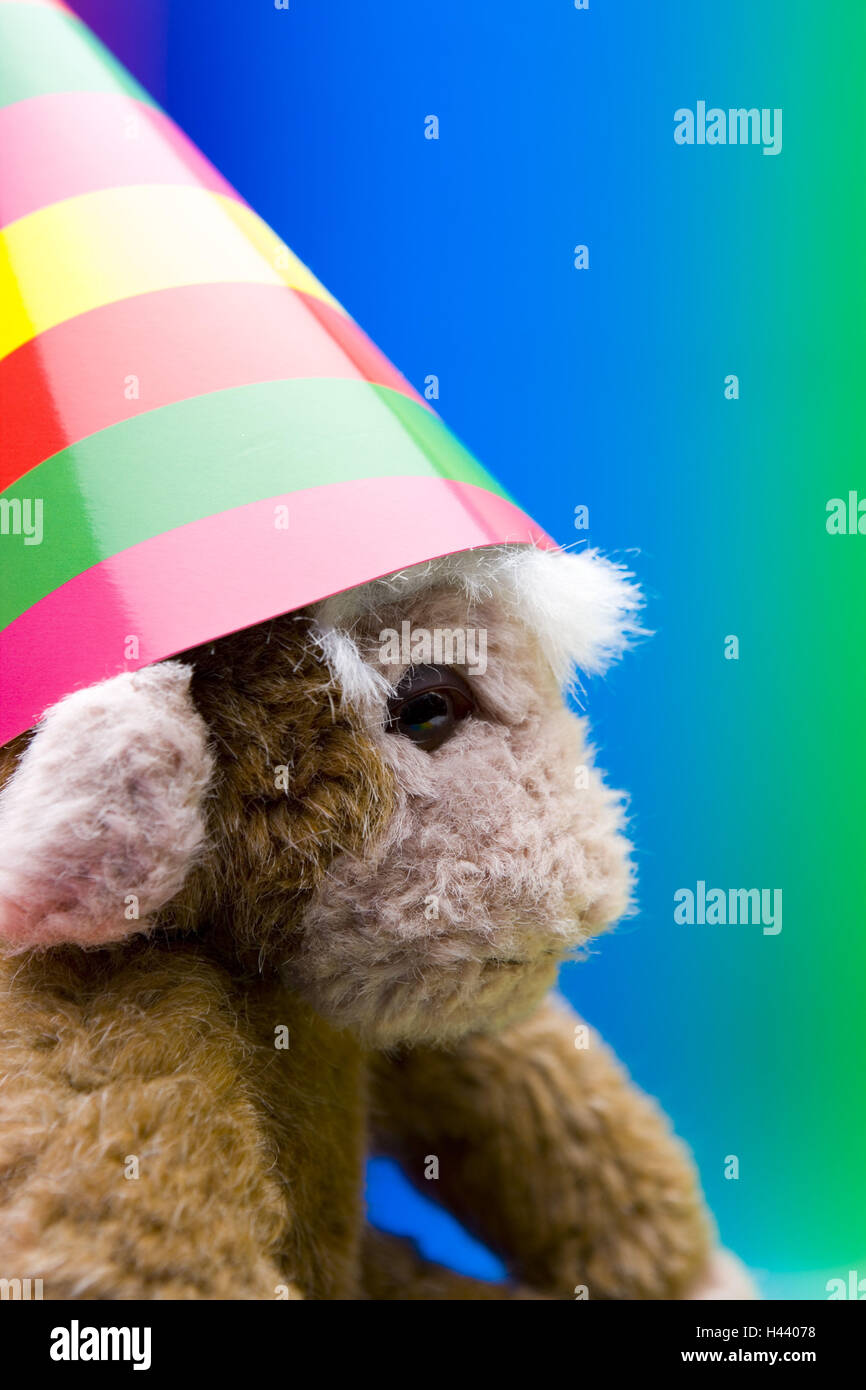Soft toy, monkey, paper cap, background 