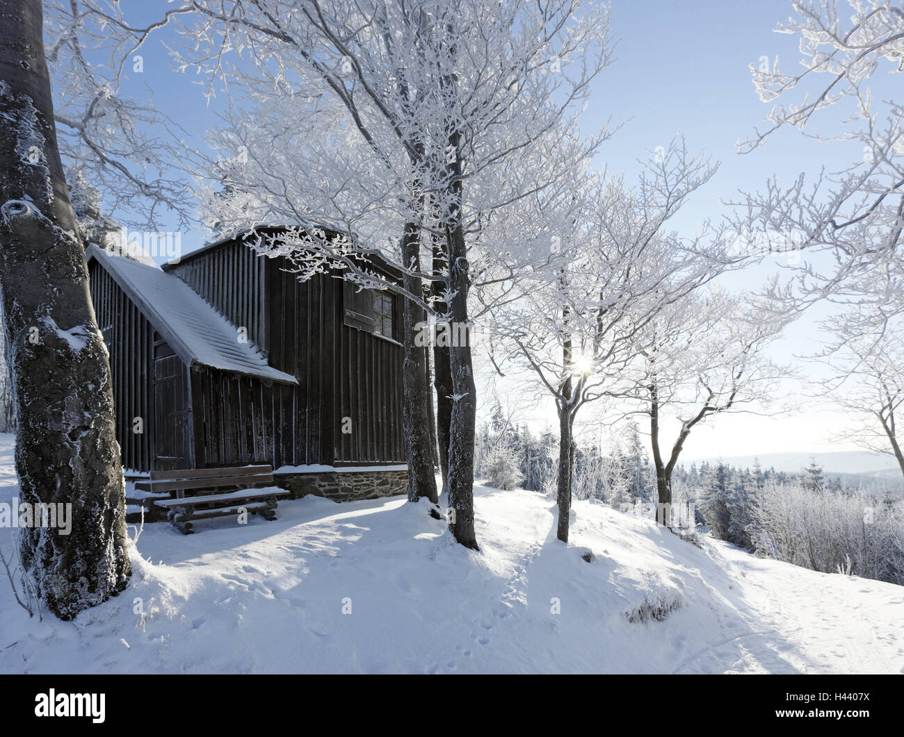 Germany, Thuringia, Thuringian Forest, Kickelhahn, Goethe house, snow-covered, Stock Photo